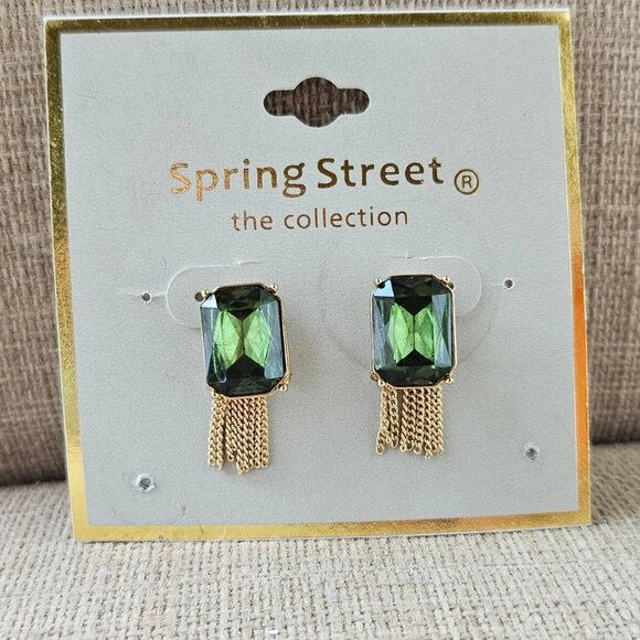 Spring Street The Collection Earrings Green Faux Stone Gold Tone Tassel Earrings - Picture 1 of 10
